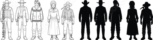 Foto Wild West Character Set Line Art and Silhouettes of Cowboy Settlers and Prospect