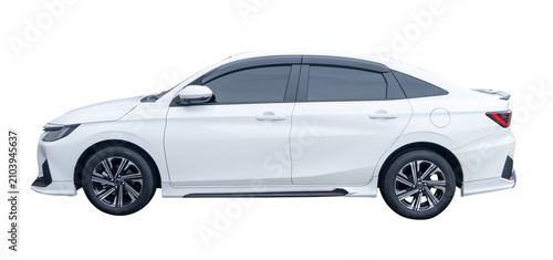 Left side view of white sports sedan car isolated with clipping path in png file format
