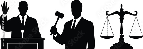 Bild auf Leinwand Law and justice silhouette icons judge gavel and scales of justice set
