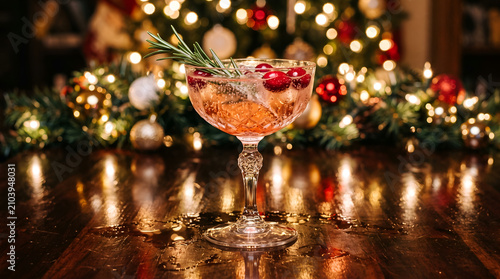 A sparkling cocktail with a rosemary sprig and fresh cranberries, served in a vintage coupe glass, standing on a reflective dark surface with bokeh Christmas lights