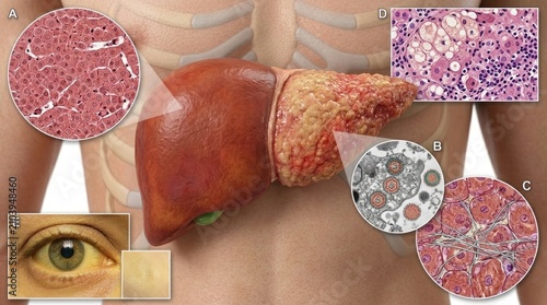 Hepatic ailment insight: liver condition, hepatitis virus, cirrhosis development, inflammation process, jaundice symptom, steatosis damage, hepatocyte change, fibrosis tissue, organ pathology.