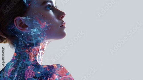 A portrait of a lady with digital circuit and technology graphics superimposed on her face and neck.