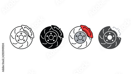 Foto Four different colored brake rotor and caliper illustrations in a row side by si