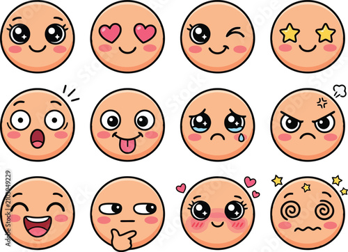Set of cute cartoon emoji expressions on transparent background, depicting various emotions.