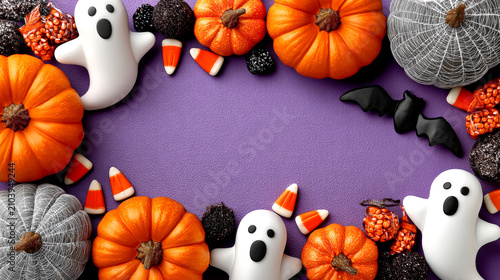 Halloween frame with pumpkins ghosts bat candy and purple copy space background