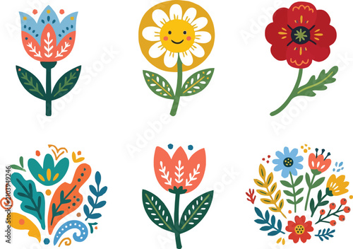 Stylized folk art flowers in a simple, colorful design with transparent background for easy use.