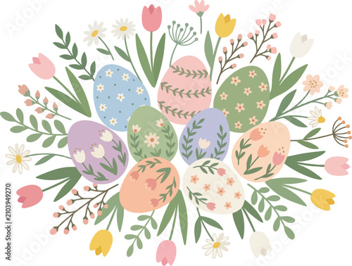 Easter eggs with floral patterns and springtime flowers, cute and colorful design.