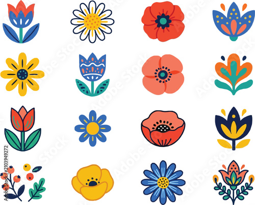 Collection of cute folk art flowers and floral elements on a transparent background.