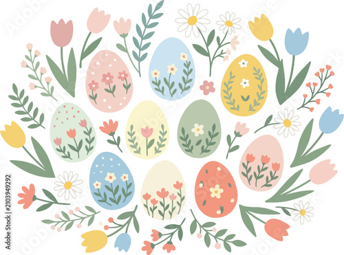 Beautiful arrangement of decorated easter eggs and spring flowers in pastel colors.