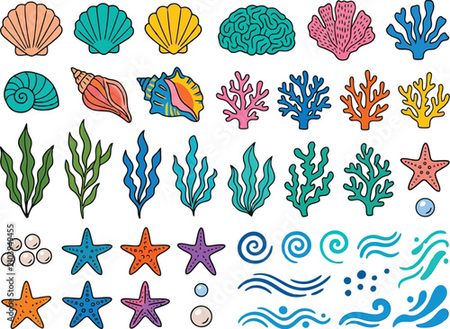 Sea shells, corals, seaweeds, and sea stars set isolated, marine life, ocean elements, pearls, swirls, waves.