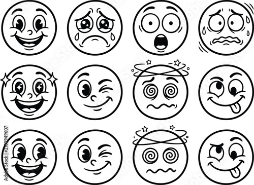 Set of black and white cartoon emoticons, collection of funny round faces with different emotions.