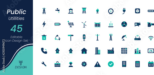 Set of 45 public utilities icons for infrastructure and service design transparent background