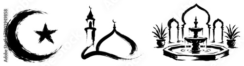 Canvas Print Islamic symbols and mosque architecture with oriental fountain in minimalist bla