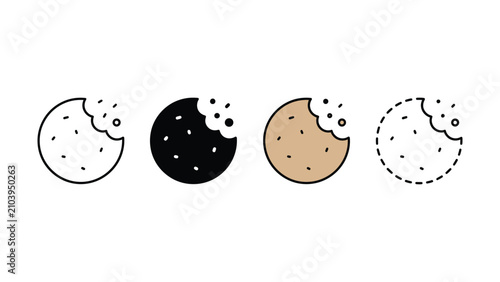 Fotografía Four different styles of bitten cookie icons in a row on white background