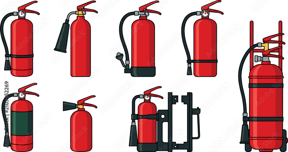 Obraz premium Fire Extinguisher Vector Set with Different Red Protection Tanks Wheeled Cart and Wall Mount Bracket for Emergency Firefighting Equipment Icon Illustration