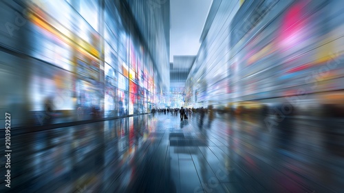 A motion-blurred image of a modern metropolitan boulevard surrounded with sparkling glass skyscrapers and pedestrians.