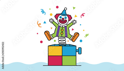 Happy cartoon jack in the box clown jumping high out of a colorful toy chest amidst flying confetti and streamer ribbons.