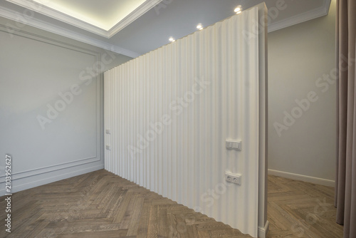 Fotografie An empty room decorated in a neoclassical style, with a curved wall dividing the space