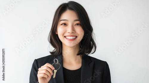 A smiling woman in a black blazer holds a key with a house keychain, likely a real estate agent or property manager, against a plain white background.