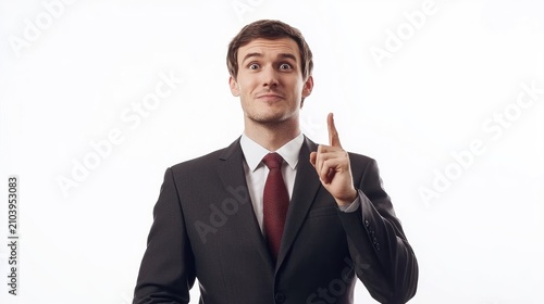 A man in a formal black suit and red tie is pointing upwards with his right index finger, seemingly in a moment of realization or explanation.