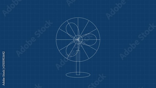 Technical Drawing of Rotating Electric Fan in Blueprint Style on Blue Grid Paper Background Animation