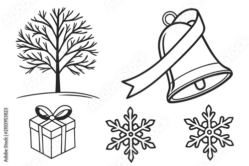 Hand drawn winter holiday icons set with tree and house