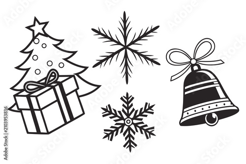 Set of winter holiday hanging decorations with snowflakes and bells