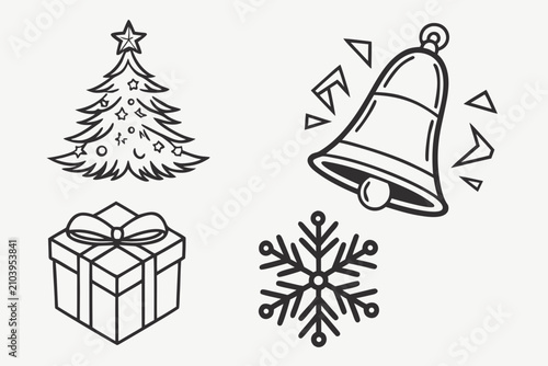 Christmas holiday icons with gift bell tree and snowflakes