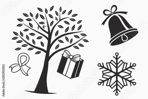 Winter holiday decorations hanging on a bare tree branch