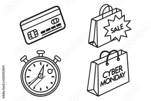 Shopping bags and alarm clock with sale tags on time limit