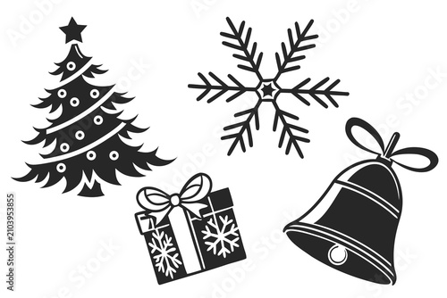 Christmas holiday icons with tree gift and bell