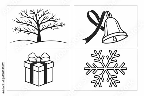 Four winter holiday icons with snow and gift elements