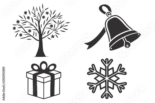 Winter holiday set with snowflake bell gift and decoration icons