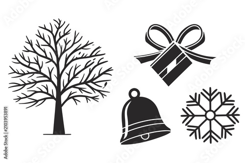 Winter elements set with tree bell and snowflake icons