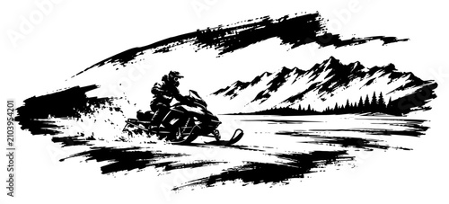 Canvas Print Snowmobile rider speeding through winter mountain landscape in expressive black