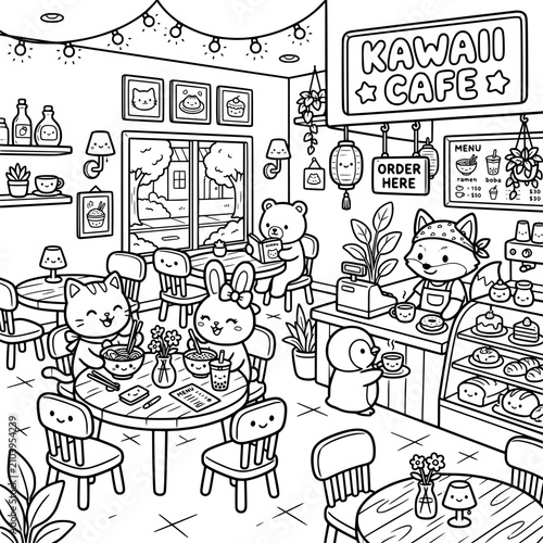 Kawaii cafe coloring page for kids. Cute animal restaurant scene with food and drinks.
