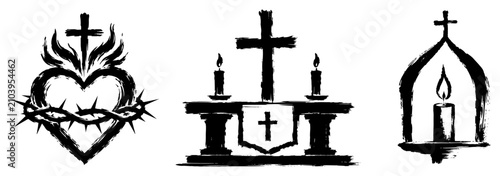 Konstfotografi Heart with thorns and church altar with candles in religious brush ink style