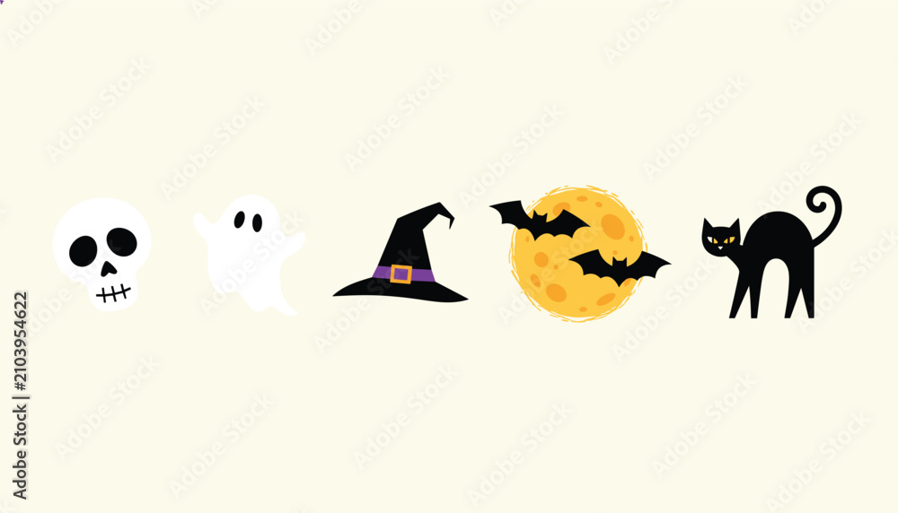 Fototapeta premium Collection of cute hand drawn Halloween icons including a skull, white ghost, witch hat, spooky bats, and black cat.