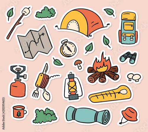 Camping Signs Color Thin Line Sticker Set Hand Drawn Doodle Style. Vector illustration of Tent, Backpack and Compass