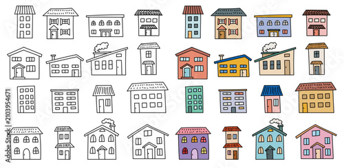 House Building with Roof Different Signs Black Thin Line and Color Set Hand Drawn Doodle Style. Vector illustration