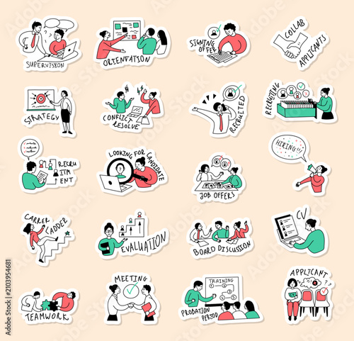 Cartoon Color People and HR Management Situations Sticker Set Concept. Vector illustration of Recruitment and Job Offer
