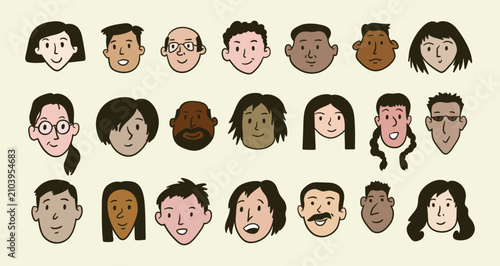 People Diversity Avatars Thin Line Set Color Hand Drawn Doodle Style. Vector illustration of Character Person