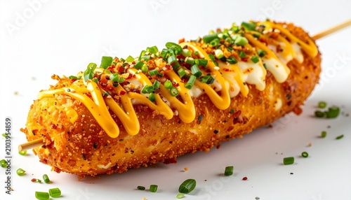 Crispy Korean corn dog coated with potatoes and mozzarella cheese on a white background with generous copy space, realistic street food photography
