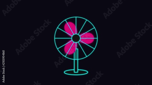 Neon Electric Table Fan Animation with Glowing Blue Lines and Rotating Pink Blades on Black Background