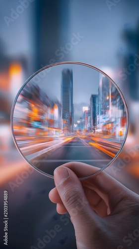 A hand holds a magnifying glass, bringing a fuzzy nighttime landscape into clear focus through its lens.