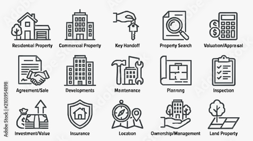 Canvastavla Dynamic Black and White Icons Set Featuring Real Estate Concepts Residential Com