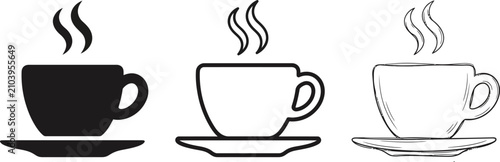 Foto Steaming cup of coffee icon set in different artistic variations with beverage c