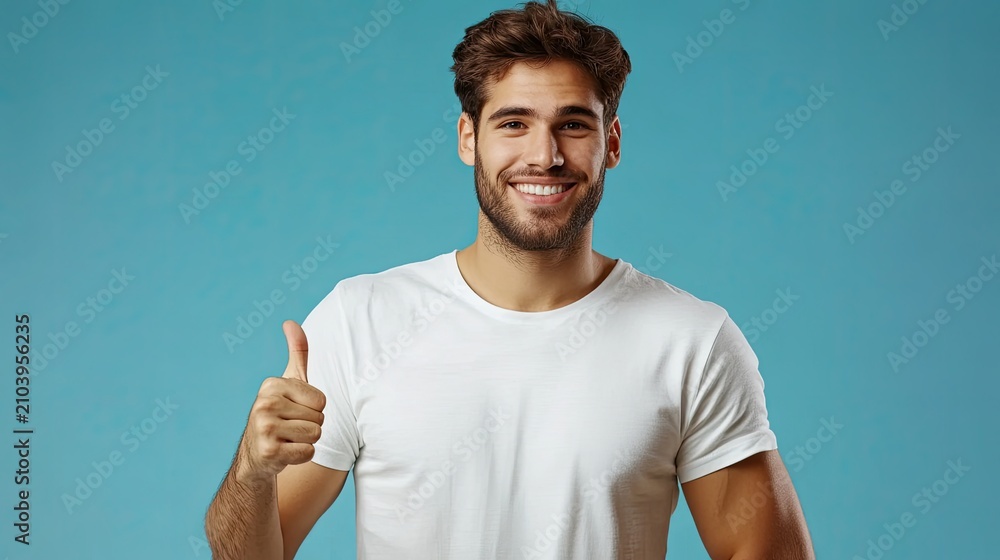 Fototapeta premium A young man in a white t-shirt gives a thumbs-up gesture against a solid blue background, smiling and appearing happy.