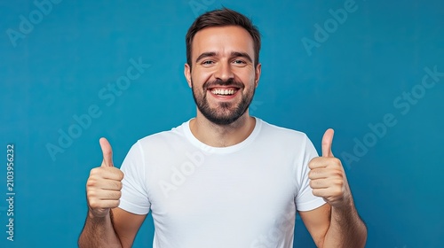 A man in a white t-shirt gives a thumbs-up gesture against a solid blue background, smiling broadly and appearing happy and enthusiastic.