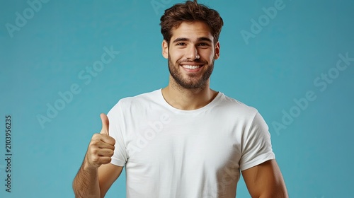 A young man in a white t-shirt gives a thumbs-up gesture against a solid blue background, smiling and appearing happy.
